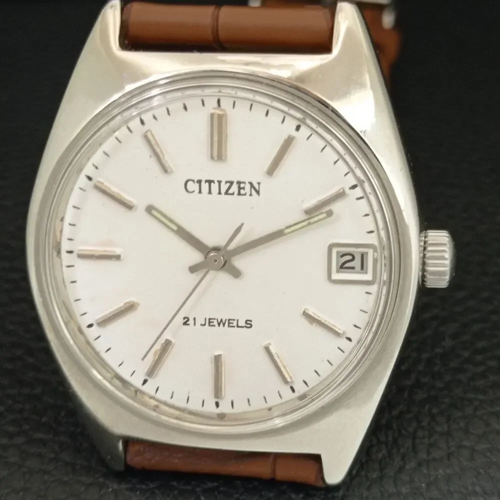 Vintage 1988 Citizen Manual Mens Silver Watch W/date & White accents